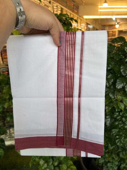 20% Discount ! KaithariKada Balaramapuram 100% Cotton Double Pure white Mundu/Dhoti- 100x80 - 1.5 inch Silver Kasavu & Maroon Striped Kara - 3.90mtr ( 8 muzham) - 12 KK5251 PMC
