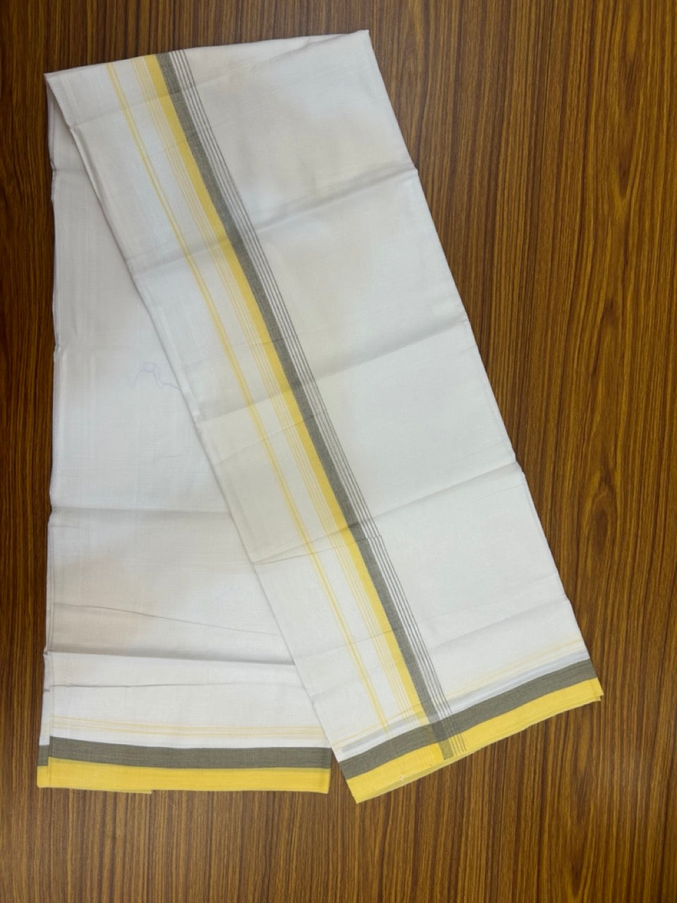20% Discount ! Kaitharikada Balaramapuram 100% Cotton Pure White Double Mundu/Dothi - 100x80 - 1.5 inch Ash & Yellow Shaded Striped Kara 3.90 mtr (8 muzham) - 39 KK5285 VAS