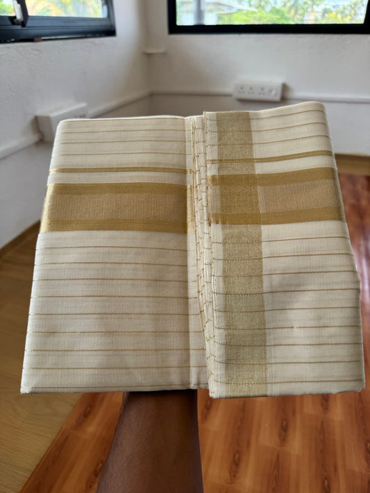 25% Discount ! KaithariKada Handloom Unakkupaav - Kerala Handloom - 100% Pure Cotton Off White - (Unbleached) Double Mundu/Dhoti - 100x80 - 2 inch Light Kasav kara with Full Body Stripes 4 mtr (8.5 Muzham) - 8 KK5384 ABH