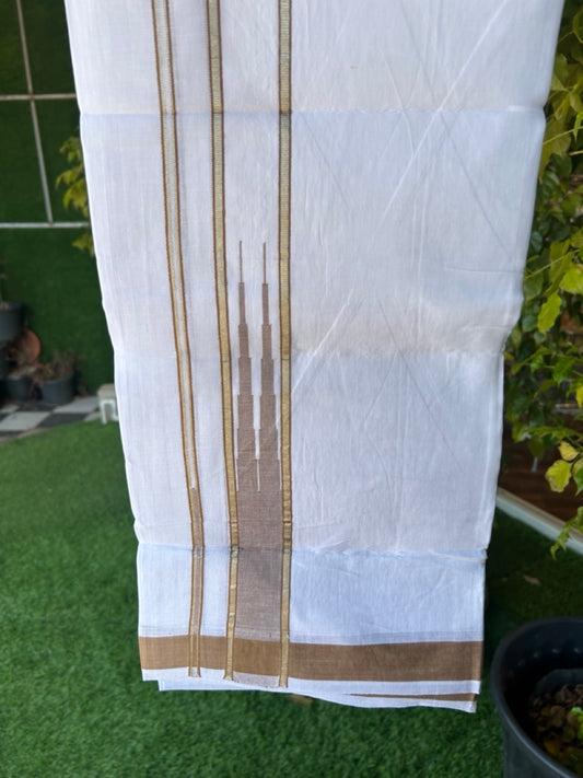 25% DISCOUNT! KaithariKada Balaramapuram 100% Mercerised Cotton Double ULTRA PURE white Mundu/Dhoti - 120x120 - 1.5 inch Heavy Chutty Silver Kasavu & peanut Brown Shaded Kara -12KK5139THI