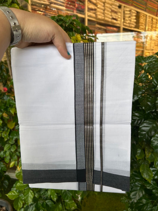 20% Discount ! KaithariKada Balaramapuram 100% Cotton Double Pure white Mundu/Dhoti- 100x80 - 1.5 inch Silver Kasavu & Black Striped Kara - 3.90mtr ( 8 muzham) - 11 KK5251 PMC