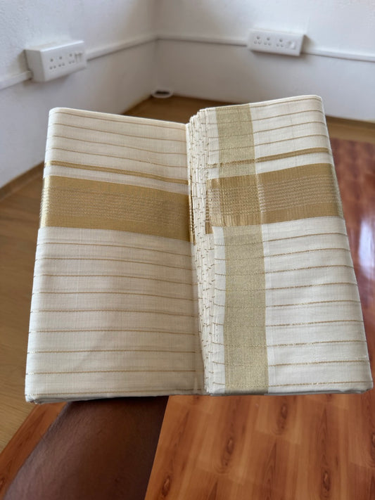 25% Discount ! KaithariKada Handloom Unakkupaav - Kerala Handloom - 100% Pure Cotton Off White - (Unbleached) Double Mundu/Dhoti - 100x80 - 2 inch Light Kasav kara with Full Body Stripes 4 mtr (8.5 Muzham) - 9 KK5384 ABH