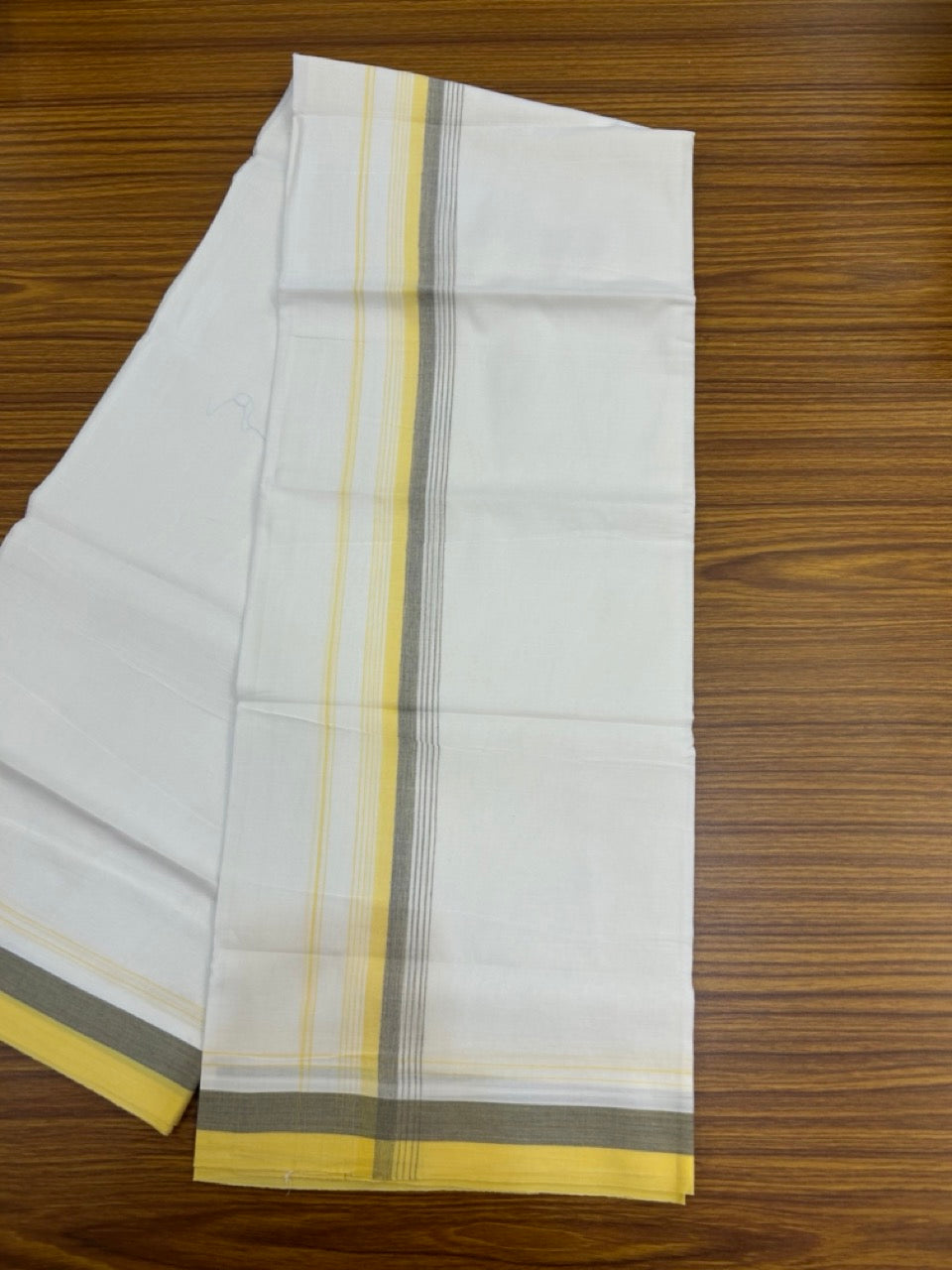 20% Discount ! Kaitharikada Balaramapuram 100% Cotton Pure White Double Mundu/Dothi - 100x80 - 1.5 inch Ash & Yellow Shaded Striped Kara 3.90 mtr (8 muzham) - 39 KK5285 VAS