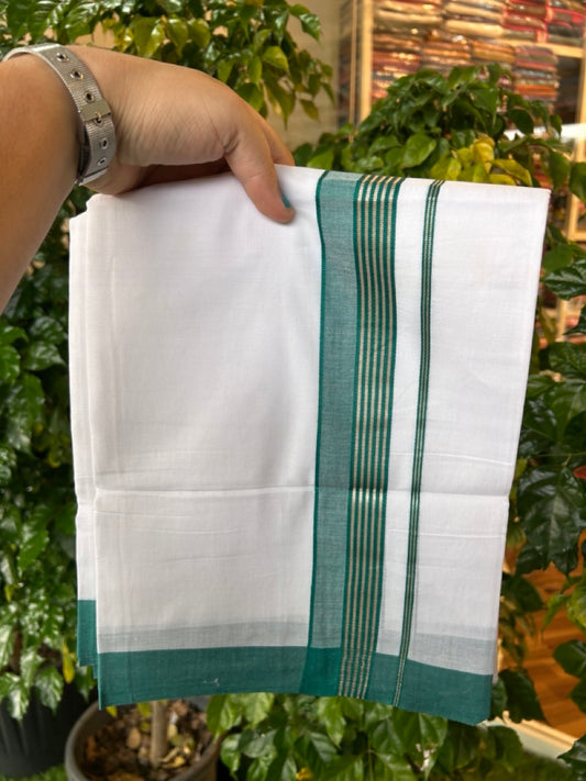 20% Discount ! KaithariKada Balaramapuram 100% Cotton Double Pure white Mundu/Dhoti- 100x80 - 1.5 inch Silver Kasavu & Light Green Striped Kara - 3.90mtr ( 8 muzham) - 10 KK5251 PMC