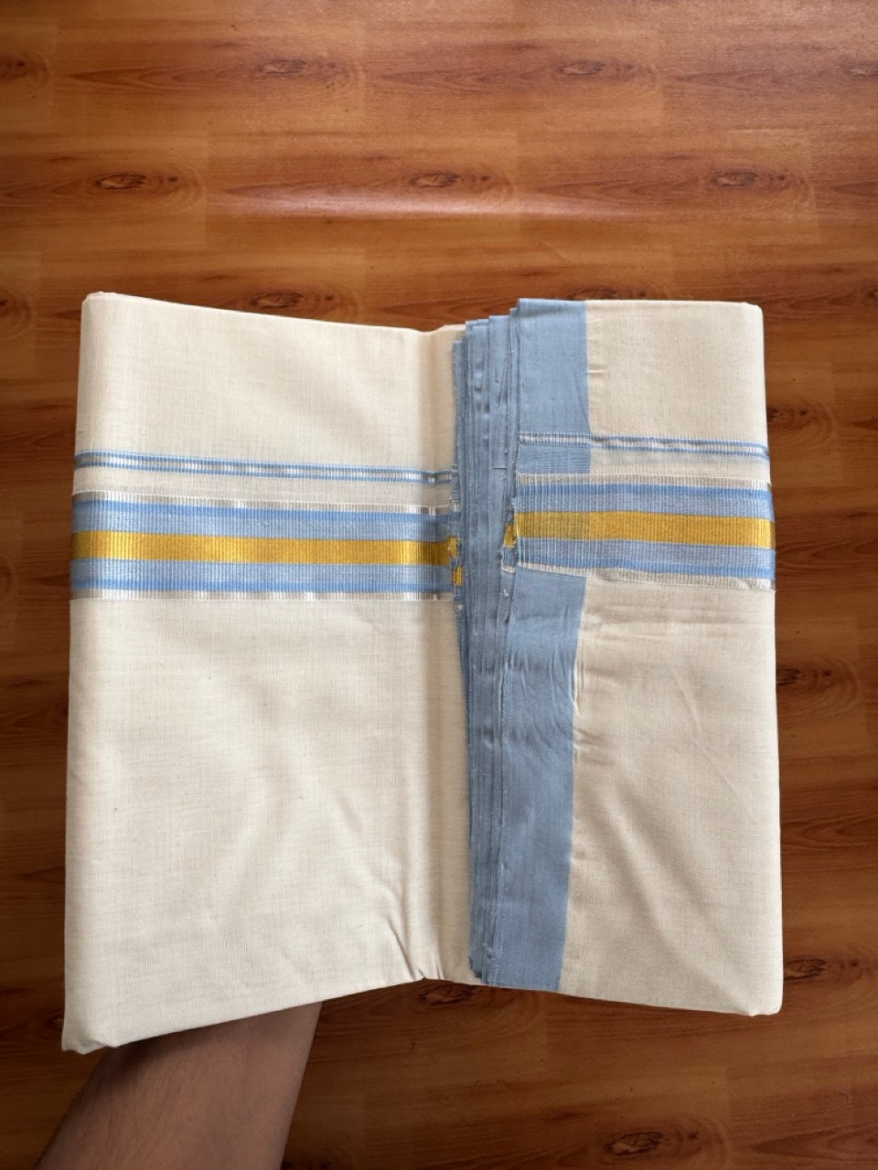 Double Off White (Unbleached) Mundu/Dhoti  25% Discount!! KaithariKada Handloom Millpaav - Kerala Handloom - 100% Pure Cotton - 80x90 - 1.5 Inch Gold Silver Kasav & Light Blue Striped Kara 4 mtr (8.5 Muzham) - 11 KK5508 RAM