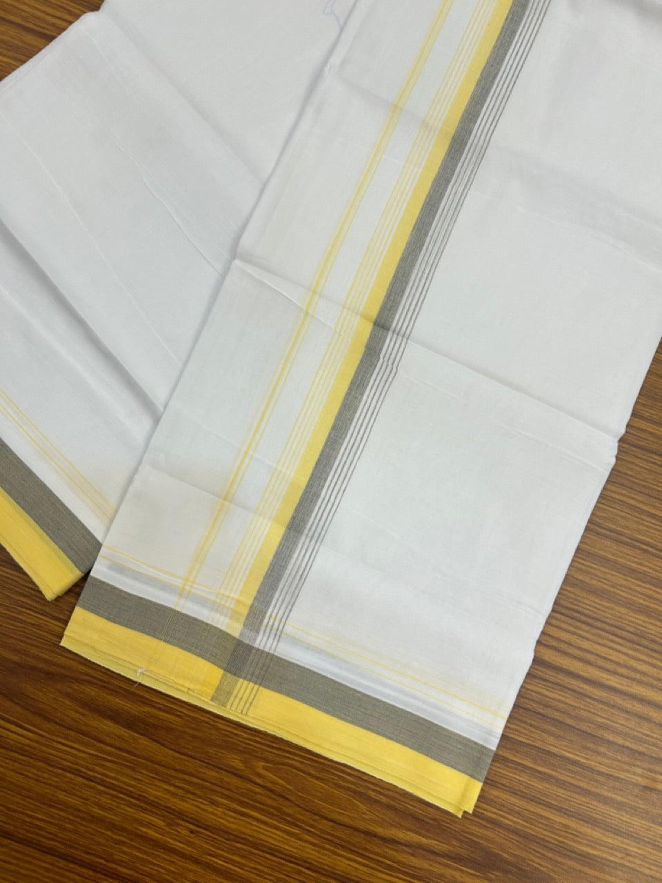 20% Discount ! Kaitharikada Balaramapuram 100% Cotton Pure White Double Mundu/Dothi - 100x80 - 1.5 inch Ash & Yellow Shaded Striped Kara 3.90 mtr (8 muzham) - 39 KK5285 VAS