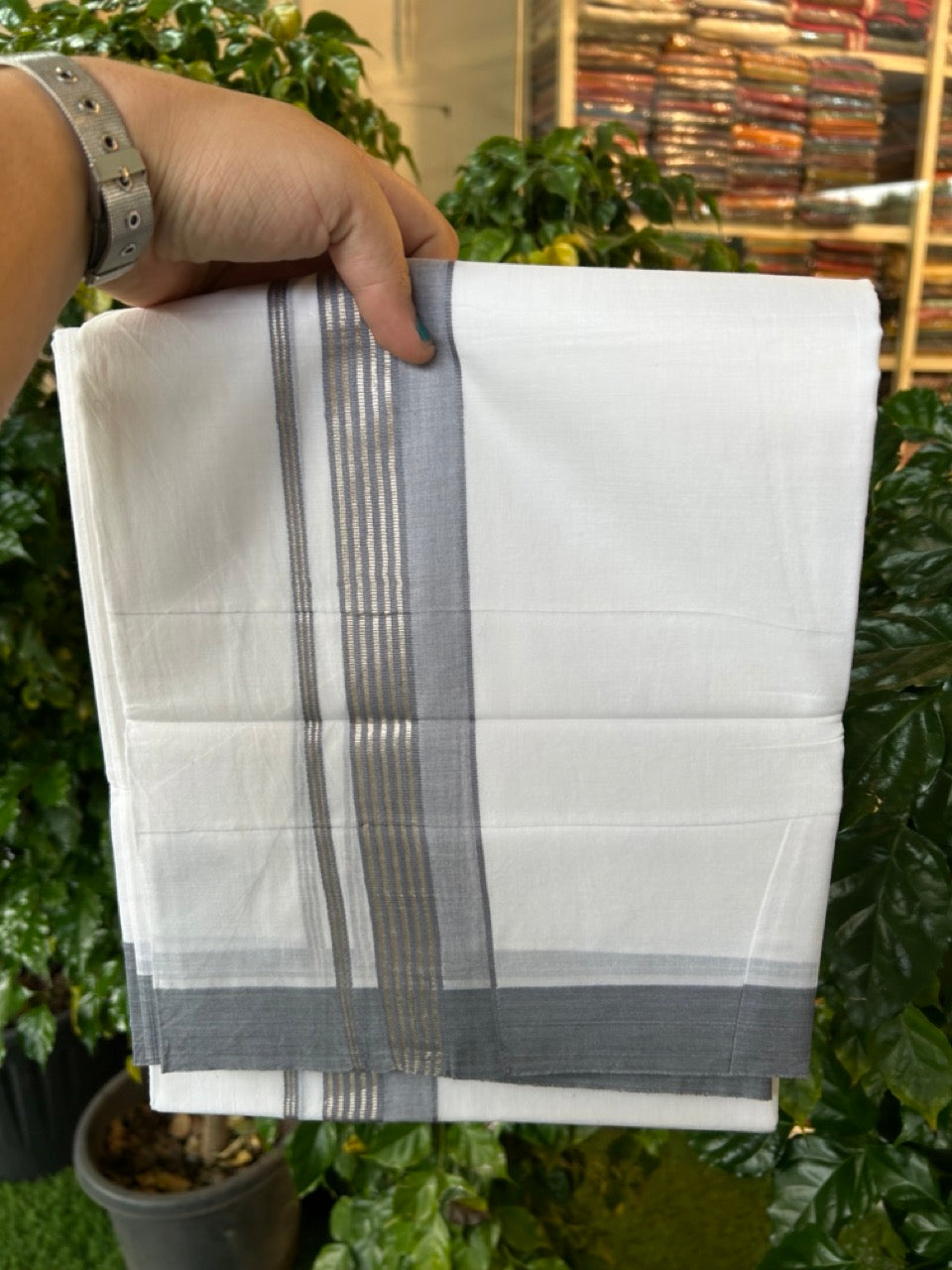 20% Discount ! KaithariKada Balaramapuram 100% Cotton Double Pure white Mundu/Dhoti- 100x80 - 1.75 inch Silver Kasavu & Ash Grey Striped Kara - 3.90mtr ( 8 muzham) - 9 KK5251 PMC