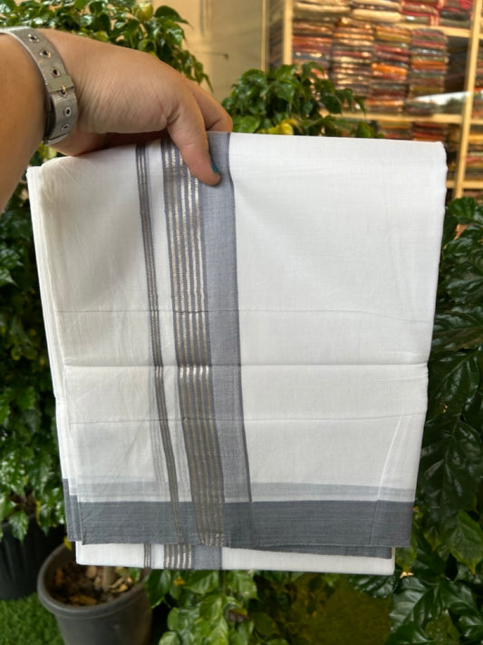 20% Discount ! KaithariKada Balaramapuram 100% Cotton Double Pure white Mundu/Dhoti- 100x80 - 1.75 inch Silver Kasavu & Ash Grey Striped Kara - 3.90mtr ( 8 muzham) - 9 KK5251 PMC