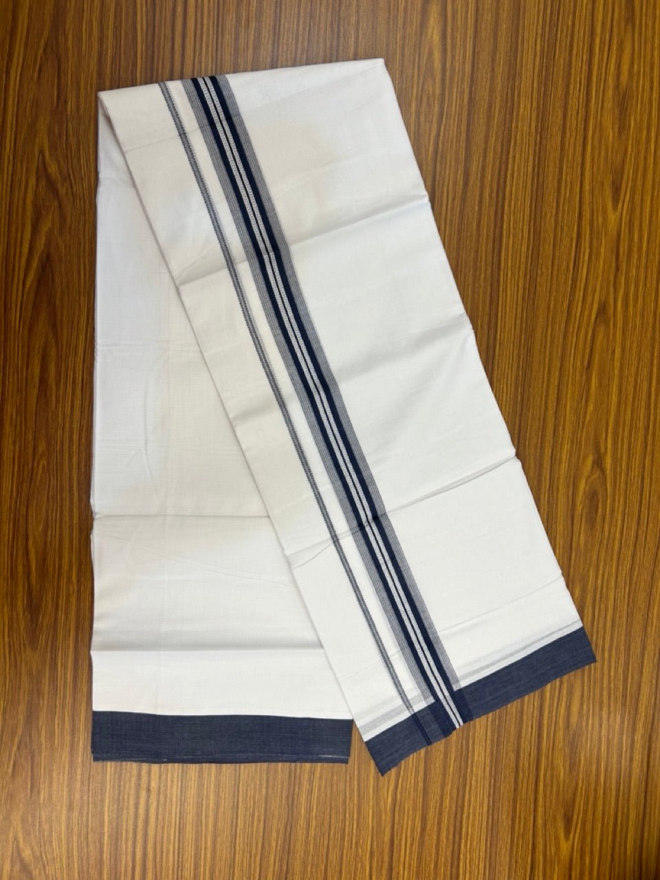 20% Discount ! Kaitharikada Balaramapuram 100% Cotton Pure White Double Mundu/Dothi - 100x80 - 1.5 inch Dark Blue Shaded Striped Kara 3.90 mtr (8 muzham) - 40 KK5285 VAS