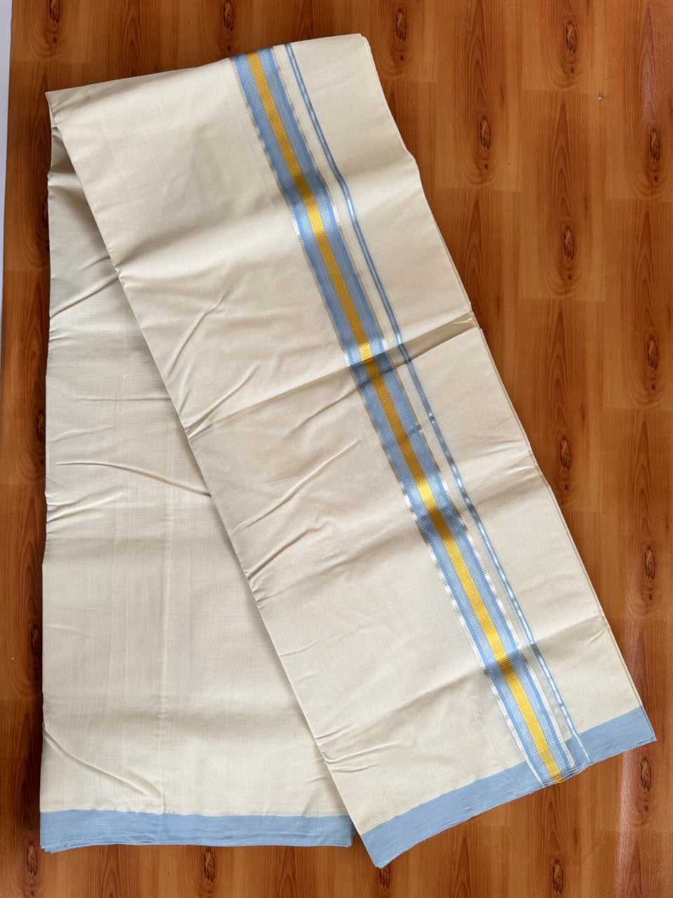 Double Off White (Unbleached) Mundu/Dhoti  25% Discount!! KaithariKada Handloom Millpaav - Kerala Handloom - 100% Pure Cotton - 80x90 - 1.5 Inch Gold Silver Kasav & Light Blue Striped Kara 4 mtr (8.5 Muzham) - 11 KK5508 RAM