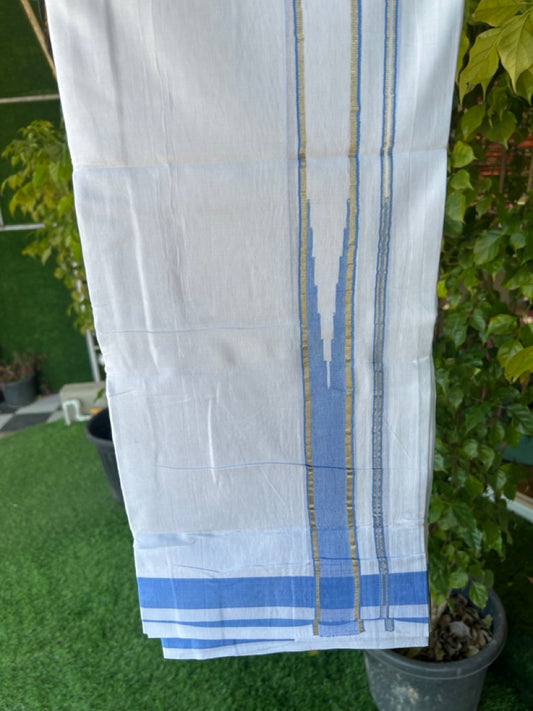 25% DISCOUNT! KaithariKada Balaramapuram 100% Mercerised Cotton Double ULTRA PURE white Mundu/Dhoti - 120x120 - 1.5 inch Heavy Chutty Silver Kasavu & Light Blue Shaded Kara - 2KK5139THI