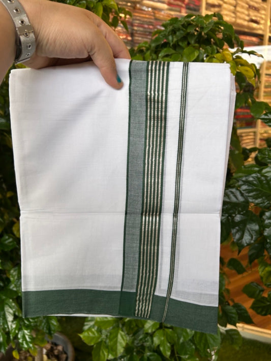 20% Discount ! KaithariKada Balaramapuram 100% Cotton Double Pure white Mundu/Dhoti- 100x80 - 1.75 inch Silver Kasavu & Dark Green Striped Kara - 3.90mtr ( 8 muzham) - 8 KK5251 PMC