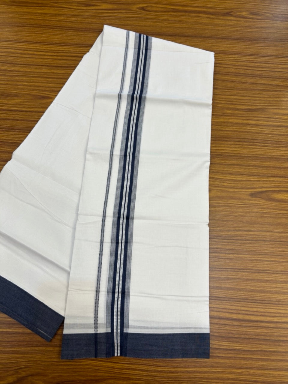 20% Discount ! Kaitharikada Balaramapuram 100% Cotton Pure White Double Mundu/Dothi - 100x80 - 1.5 inch Dark Blue Shaded Striped Kara 3.90 mtr (8 muzham) - 40 KK5285 VAS