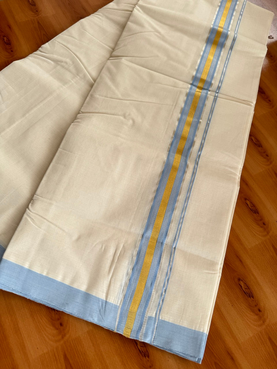 Double Off White (Unbleached) Mundu/Dhoti  25% Discount!! KaithariKada Handloom Millpaav - Kerala Handloom - 100% Pure Cotton - 80x90 - 1.5 Inch Gold Silver Kasav & Light Blue Striped Kara 4 mtr (8.5 Muzham) - 11 KK5508 RAM