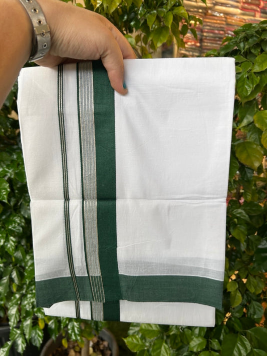 20% Discount ! KaithariKada Balaramapuram 100% Cotton Double Pure white Mundu/Dhoti- 100x80 - 1.5 inch Silver Kasavu & Dark Green Striped Kara - 3.90mtr ( 8 muzham) - 7 KK5251 PMC