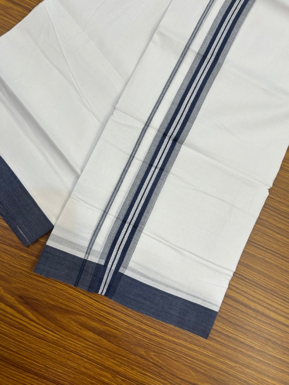 20% Discount ! Kaitharikada Balaramapuram 100% Cotton Pure White Double Mundu/Dothi - 100x80 - 1.5 inch Dark Blue Shaded Striped Kara 3.90 mtr (8 muzham) - 40 KK5285 VAS