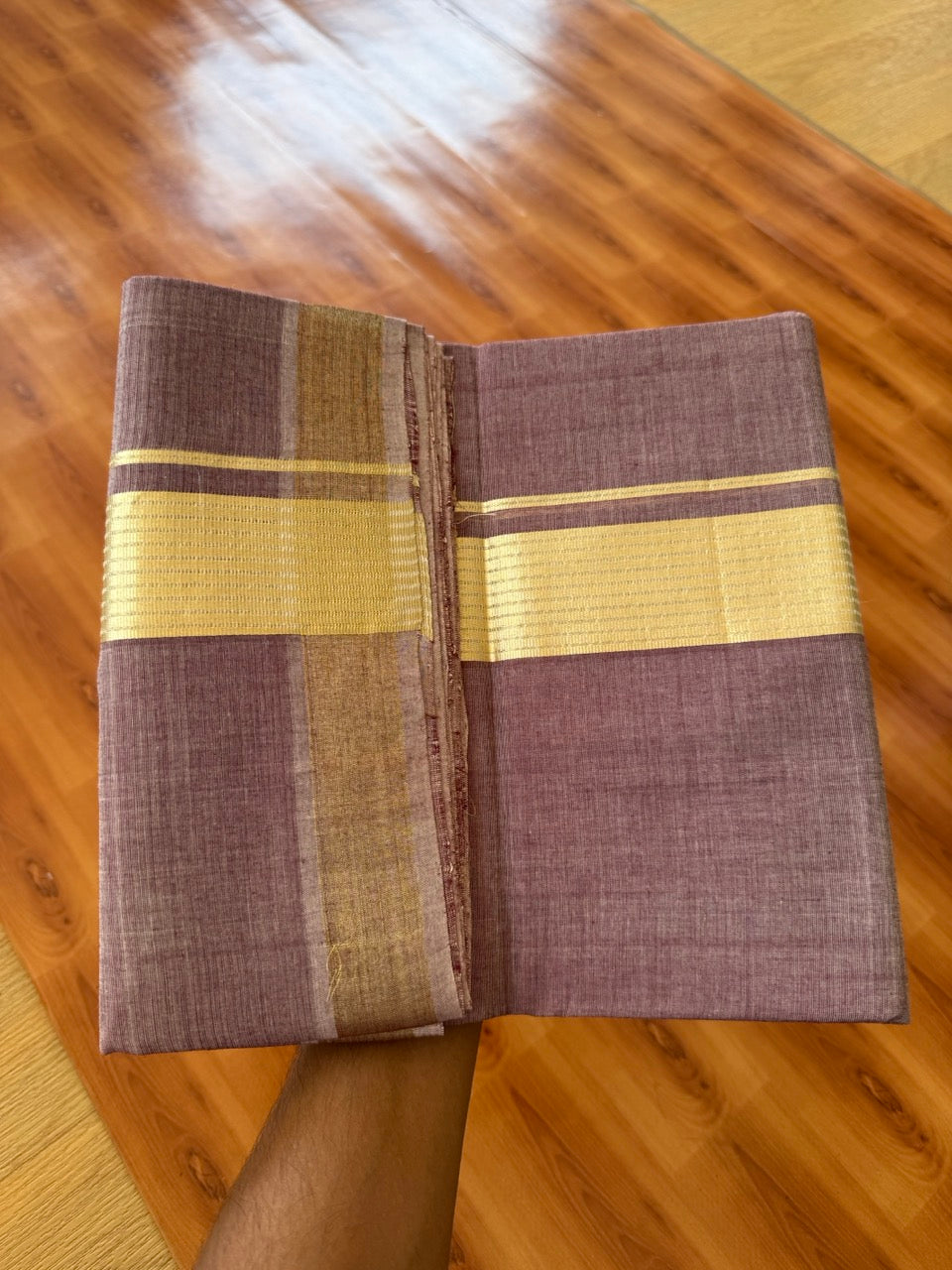 25% Discount! KaithariKada Handloom Unakkupaav Kerala Handloom - 100% Cotton Double Mundu/Dhoti - Maroon Colour Body - 2 inch Light Gold Kasav Striped  Kara - 4 Mtr (8.5 Muzham) - 10 KK5384 ABH