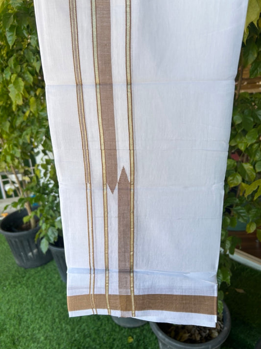 25% DISCOUNT! KaithariKada Balaramapuram 100% Mercerised Cotton Double ULTRA PURE white Mundu/Dhoti - 120x120 - 1.75 inch Heavy Chutty Silver Kasavu & Peanut Brown Shaded Kara - 3KK5139THI