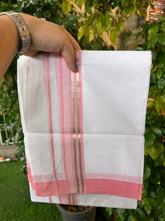 20% Discount ! KaithariKada Balaramapuram 100% Cotton Double Pure white Mundu/Dhoti- 100x80 - 1.75 inch Silver Kasavu & Peach Striped Kara - 3.90mtr ( 8 muzham) - 6 KK5251 PMC