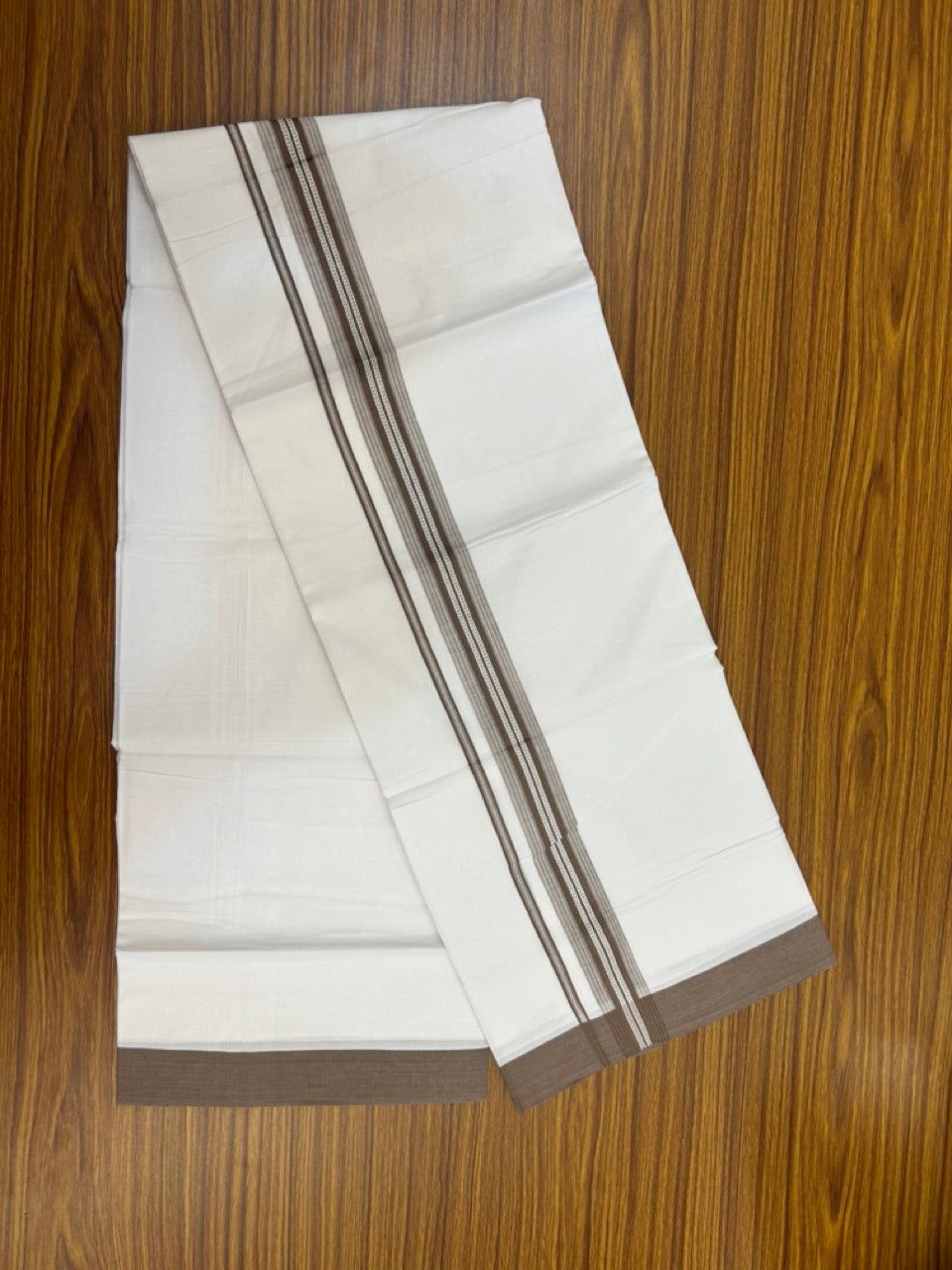 20% Discount ! Kaitharikada Balaramapuram 100% Cotton Pure White Double Mundu/Dothi - 100x80 - 1.5 inch Brown Shaded Striped Kara 3.90 mtr (8 muzham) - 41 KK5285 VAS
