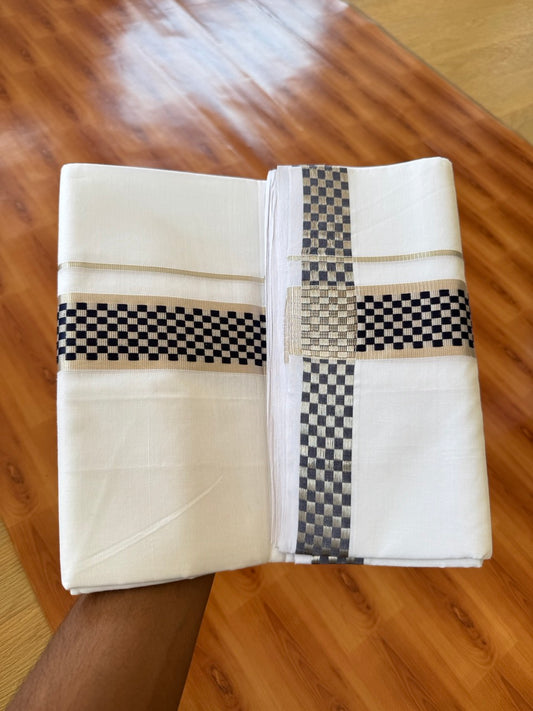 25% Disocunt! Pure White Kerala Handloom Unakkupaav  - 100% Mercerised Cotton Double - Mundu/Dhoti - 100x80 - 2 inch Silver Kasavu & Navy Blue Jacquard Design Kara - 4 mtr (8.5 muzham) - 6 KK5384 ABH