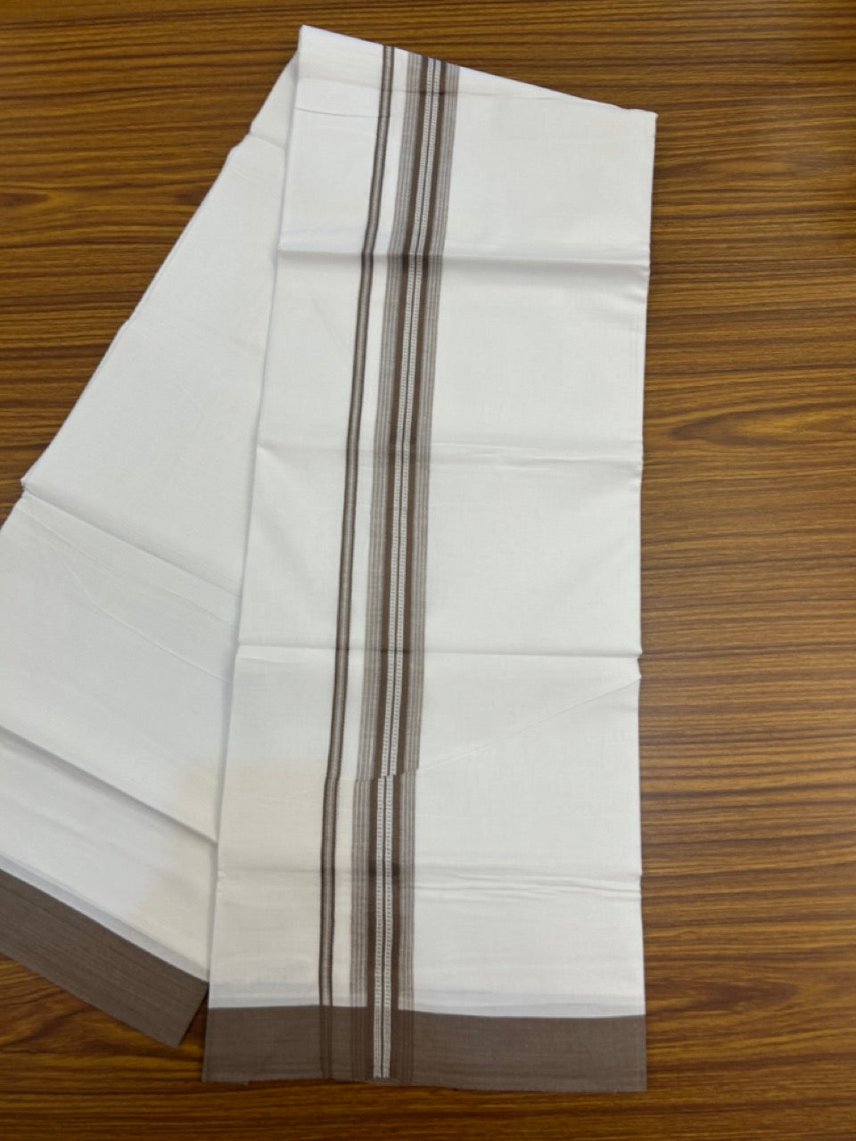 20% Discount ! Kaitharikada Balaramapuram 100% Cotton Pure White Double Mundu/Dothi - 100x80 - 1.5 inch Brown Shaded Striped Kara 3.90 mtr (8 muzham) - 41 KK5285 VAS