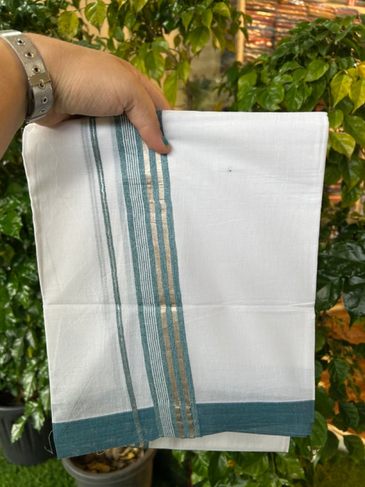 20% Discount ! KaithariKada Balaramapuram 100% Cotton Double Pure white Mundu/Dhoti- 100x80 - 1.5 inch Silver Kasavu & Peacock Blue Striped Kara - 3.90mtr ( 8 muzham) - 5 KK5251 PMC
