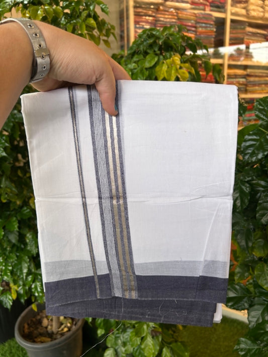 20% Discount ! KaithariKada Balaramapuram 100% Cotton Double Pure white Mundu/Dhoti- 100x80 - 1.5 inch Silver Kasavu & Navy Blue Striped Kara - 3.90mtr ( 8 muzham) - 4 KK5251 PMC