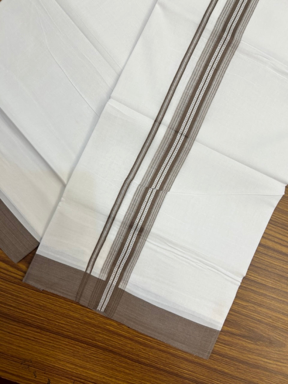 20% Discount ! Kaitharikada Balaramapuram 100% Cotton Pure White Double Mundu/Dothi - 100x80 - 1.5 inch Brown Shaded Striped Kara 3.90 mtr (8 muzham) - 41 KK5285 VAS