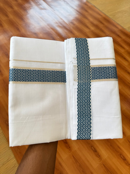 25% Disocunt! Pure White Kerala Handloom Unakkupaav  - 100% Mercerised Cotton Double - Mundu/Dhoti - 100x80 - 1.5 inch Silver Kasavu & Peacock Blue Jacquard Design Kara - 4 mtr (8.5 muzham) - 7 KK5384 ABH