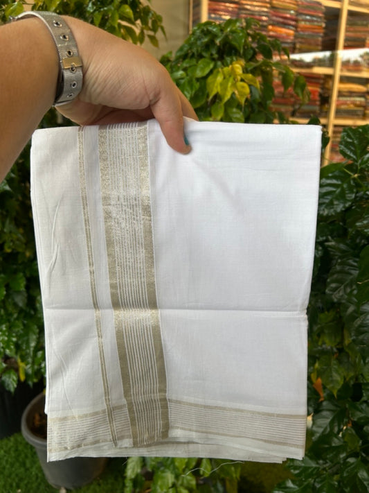 20% Discount ! KaithariKada Balaramapuram 100% Cotton Double Pure white Mundu/Dhoti- 100x80 - 1.5 inch Silver Kasavu Striped Kara - 3.90mtr ( 8 muzham) - 3 KK5251 PMC