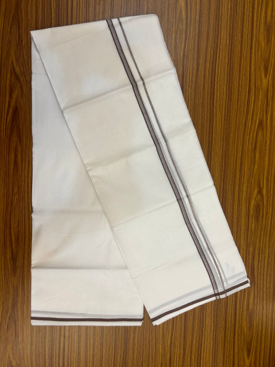 20% Discount ! Kaitharikada Balaramapuram 100% Cotton Pure White Double Mundu/Dothi - 100x80 - 0.25 inch Silver Kasav & Brown Striped Design Kara 3.90 mtr (8 muzham) - 72 KK5285 VAS