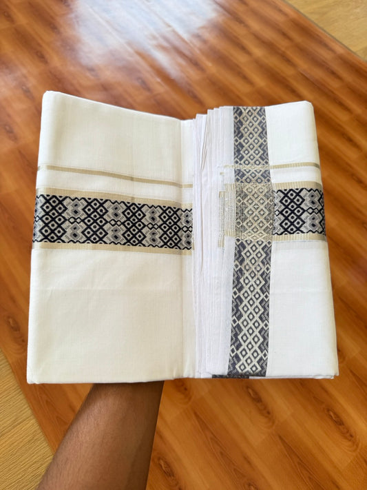 25% Disocunt! Pure White Kerala Handloom Unakkupaav  - 100% Mercerised Cotton Double - Mundu/Dhoti - 100x80 - 2 inch Silver Kasavu & Navy Blue Jacquard Design Kara - 4 mtr (8.5 muzham) - 5 KK5384 ABH