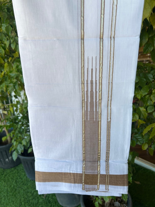 25% DISCOUNT! KaithariKada Balaramapuram 100% Mercerised Cotton Double ULTRA PURE white Mundu/Dhoti - 120x120 - 1.75 inch Heavy Chutty Silver Kasavu & Peanut Brown Kara - 1KK5139THI