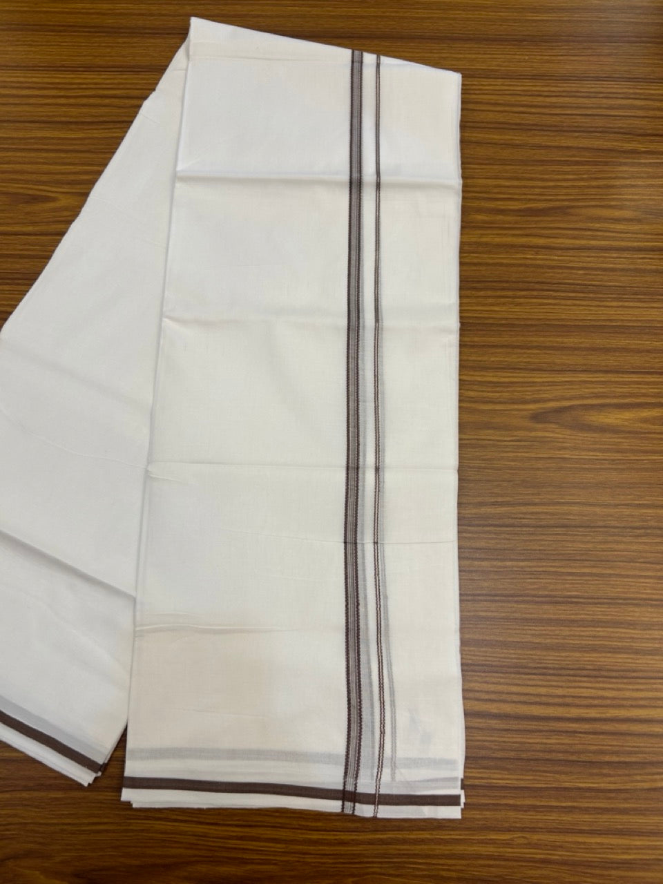 20% Discount ! Kaitharikada Balaramapuram 100% Cotton Pure White Double Mundu/Dothi - 100x80 - 0.25 inch Silver Kasav & Brown Striped Design Kara 3.90 mtr (8 muzham) - 72 KK5285 VAS