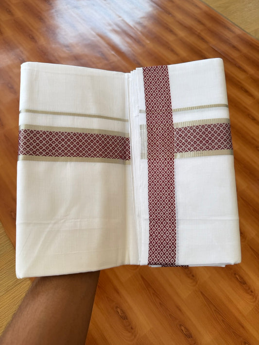 25% Disocunt! Pure White Kerala Handloom Unakkupaav  - 100% Mercerised Cotton Double - Mundu/Dhoti - 100x80 - 1.75 inch Silver Kasavu & Maroon Jacquard Design Kara - 4 mtr (8.5 muzham) - 4 KK5384 ABH