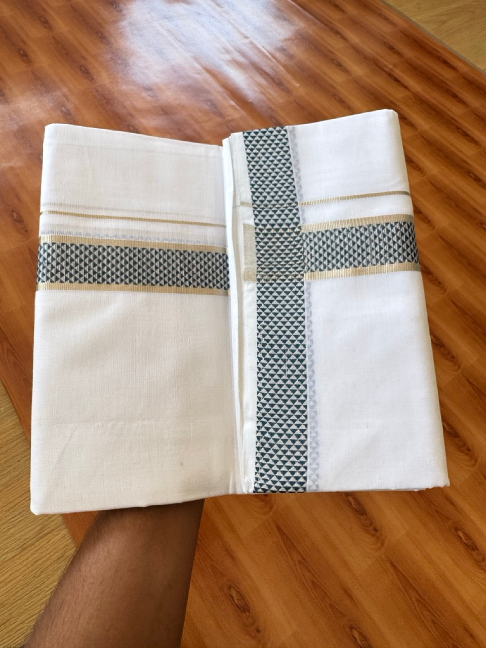 25% Disocunt! Pure White Kerala Handloom Unakkupaav  - 100% Mercerised Cotton Double - Mundu/Dhoti - 100x80 - 1.5 inch Silver Kasavu & Peacock Green Jaquard Design Kara - 4 mtr (8.5 muzham) - 3 KK5384 ABH