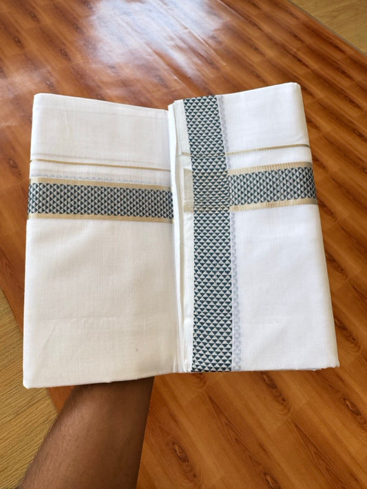 25% Disocunt! Pure White Kerala Handloom Unakkupaav  - 100% Mercerised Cotton Double - Mundu/Dhoti - 100x80 - 1.5 inch Silver Kasavu & Peacock Green Jaquard Design Kara - 4 mtr (8.5 muzham) - 3 KK5384 ABH