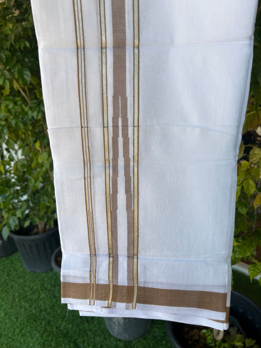 25% DISCOUNT! KaithariKada Balaramapuram 100% Mercerised Cotton Double ULTRA PURE white Mundu/Dhoti - 120x120 - 1.75 inch Heavy Chutty Silver Kasavu & Peanut Brown Shaded Kara - 4KK5139THI