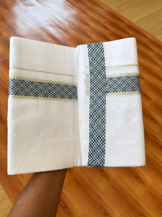 25% Disocunt! Pure White Kerala Handloom Unakkupaav  - 100% Mercerised Cotton Double - Mundu/Dhoti - 100x80 - 1.5 inch Silver Kasavu & Peacock Green Jaquard Design Kara - 4 mtr (8.5 muzham) - 2 KK5384 ABH