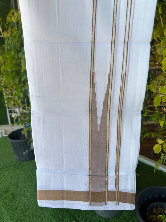 25% DISCOUNT! KaithariKada Balaramapuram 100% Mercerised Cotton Double ULTRA PURE white Mundu/Dhoti - 120x120 - 1.75 inch Heavy Chutty Silver Kasavu & Peanut Brown Shaded Kara - 6KK5139THI