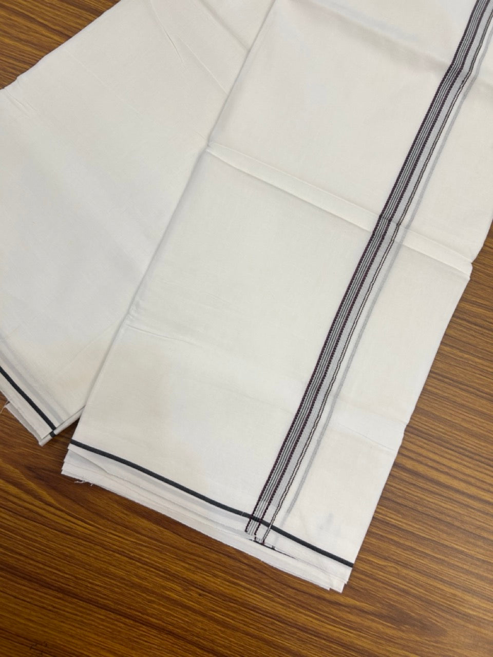 20% Discount ! Kaitharikada Balaramapuram 100% Cotton Pure White Double Mundu/Dothi - 100x80 - 0.25 inch Silver Kasav Black & Purple Striped Design Kara 3.90 mtr (8 muzham) - 73 KK5285 VAS