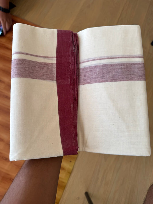 25% Discount! KaithariKada Handloom Millpaav - Kerala Handloom - Cotton Double Mundu/Dhoti Off white (Unbleached) - 80x90 - 1.25 inch Maroon Shaded Kara 3.80 meter (8 Muzham) - 30 KK5383 RAM