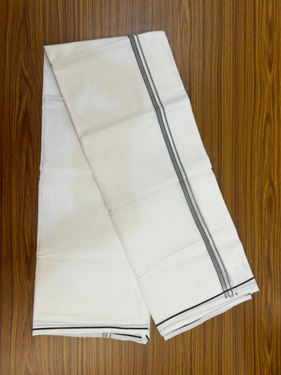 20% Discount ! Kaitharikada Balaramapuram 100% Cotton Pure White Double Mundu/Dothi - 100x80 - 0.25 inch Silver Kasav Black & Light Olive Striped Design Kara 3.90 mtr (8 muzham) - 74 KK5285 VAS