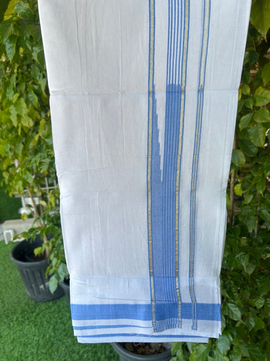 25% DISCOUNT! KaithariKada Balaramapuram 100% Mercerised Cotton Double ULTRA PURE white Mundu/Dhoti - 120x120 - 1.75 inch Heavy Chutty Silver Kasavu & Light Blue Shaded Kara - 5KK5139THI