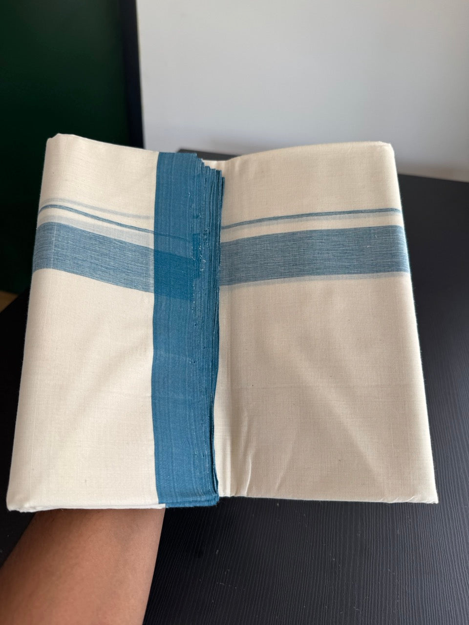 25% Discount! KaithariKada Handloom Millpaav - Kerala Handloom - Cotton Double Mundu/Dhoti Off white (Unbleached) - 80x90 - 1.25 inch Light Peacock Blue Shaded Kara 3.80 meter (8 Muzham) - 28 KK5383 RAM