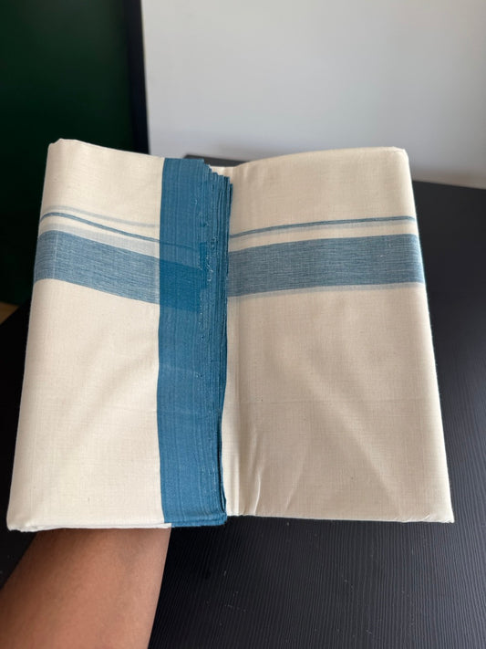25% Discount! KaithariKada Handloom Millpaav - Kerala Handloom - Cotton Double Mundu/Dhoti Off white (Unbleached) - 80x90 - 1.25 inch Light Peacock Blue Shaded Kara 3.80 meter (8 Muzham) - 28 KK5383 RAM