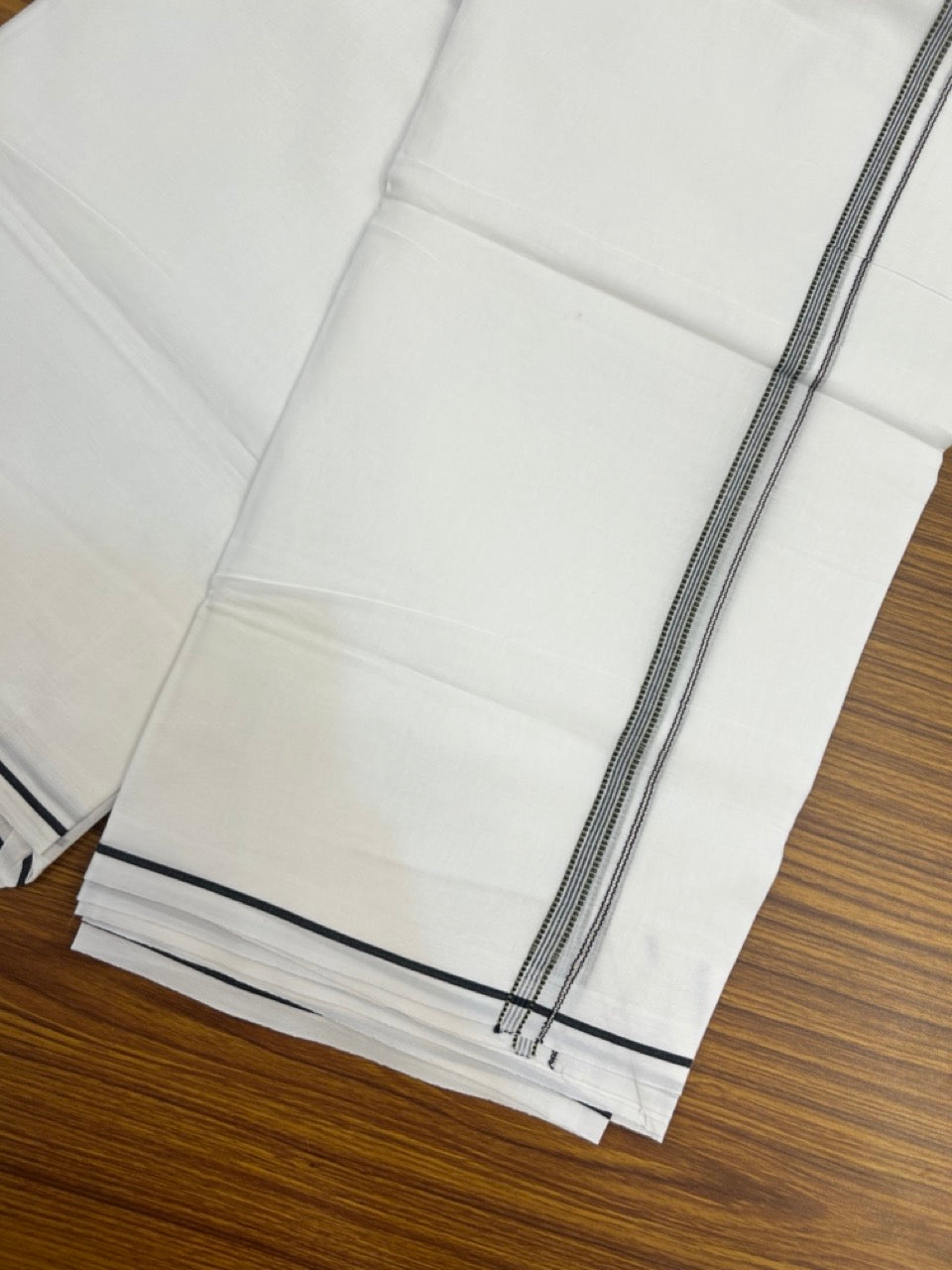 20% Discount ! Kaitharikada Balaramapuram 100% Cotton Pure White Double Mundu/Dothi - 100x80 - 0.25 inch Silver Kasav Black & Light Olive Striped Design Kara 3.90 mtr (8 muzham) - 74 KK5285 VAS