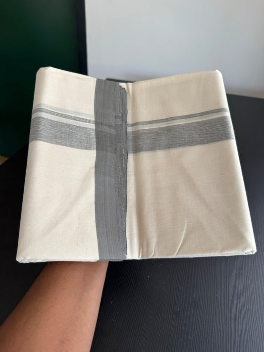 25% Discount! KaithariKada Handloom Millpaav - Kerala Handloom - Cotton Double Mundu/Dhoti Off white (Unbleached) - 80x90 - 1.25 inch Ash Grey Shaded Kara 3.80 meter (8 Muzham) - 29 KK5383 RAM