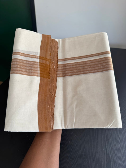 25% Discount! KaithariKada Handloom Millpaav - Kerala Handloom - Cotton Double Mundu/Dhoti Off white (Unbleached) - 80x90 - 1.25 inch Brown Shaded Stripes Kara 3.80 meter (8 Muzham) - 35 KK5383 RAM